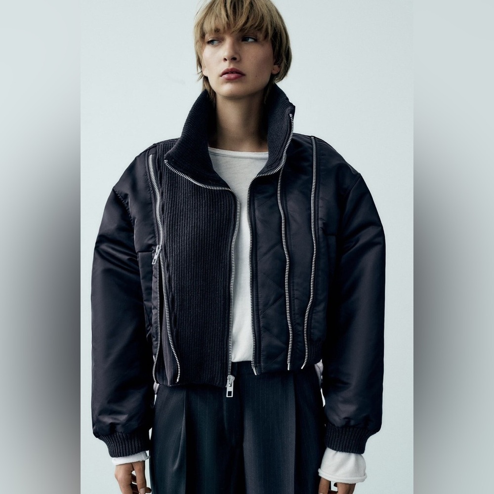 NWT!! ZARA NAVY PINSTRIPE COMBINED BOMBER JACKET MULTI ZIP PADDED 4341/770